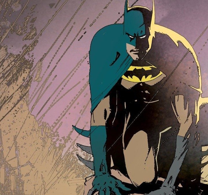 Batman crouches while rain falls in No Man's Land, a DC comic.