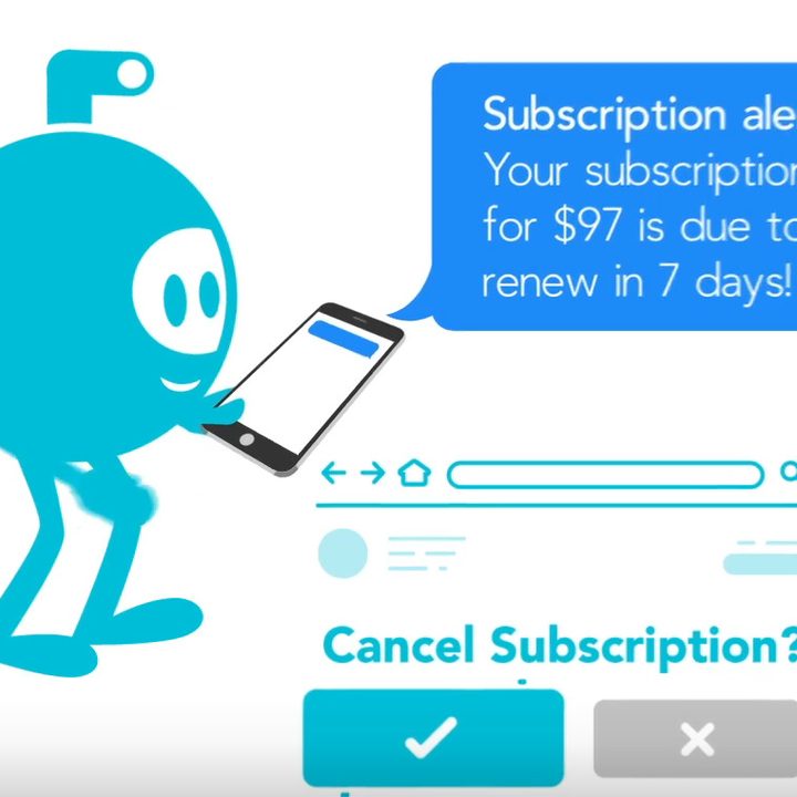 A Track My Subs cancel subscription cartoon features a blue character and subscription details.