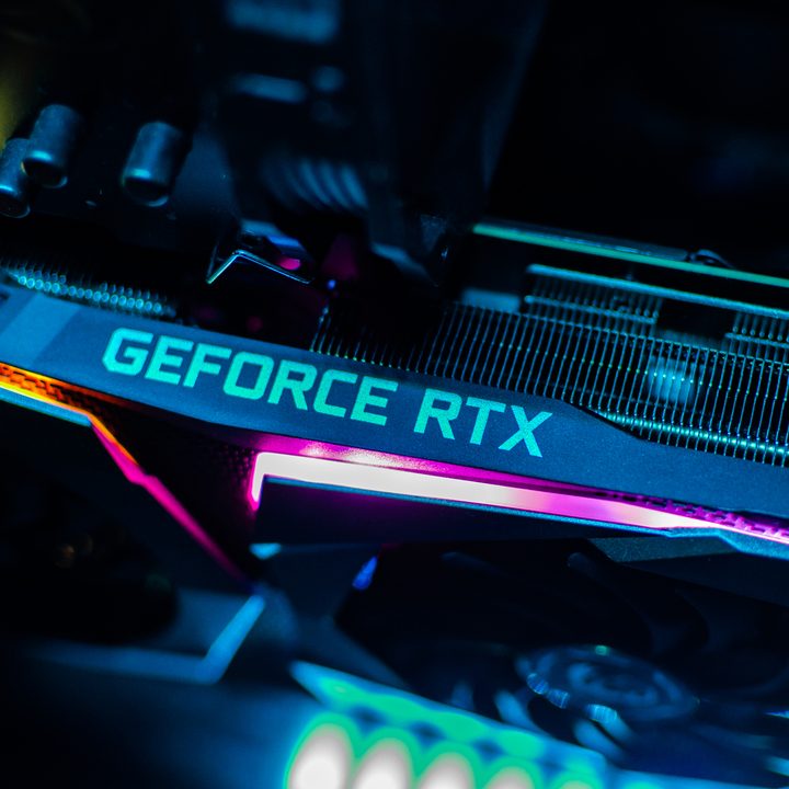 An Nvidia GeForce RTX graphics card seen from the side.
