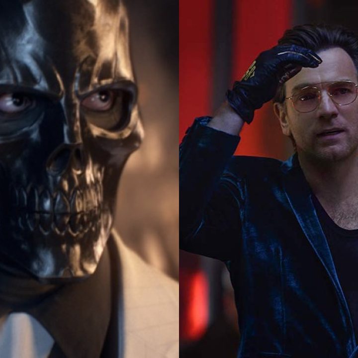Split image of Black Mask in Batman: Arkham Origins and in Birds of Prey played by Ewan McGregor.