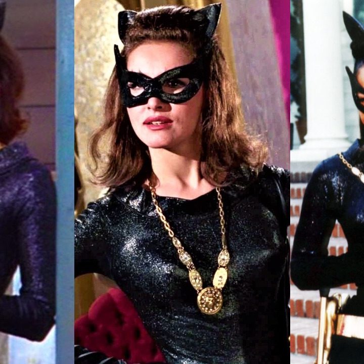 Split image of Lee Meriwether, Julie Newmar, & Eartha Kitt as Catwoman in the Batman TV show in the 1960s.