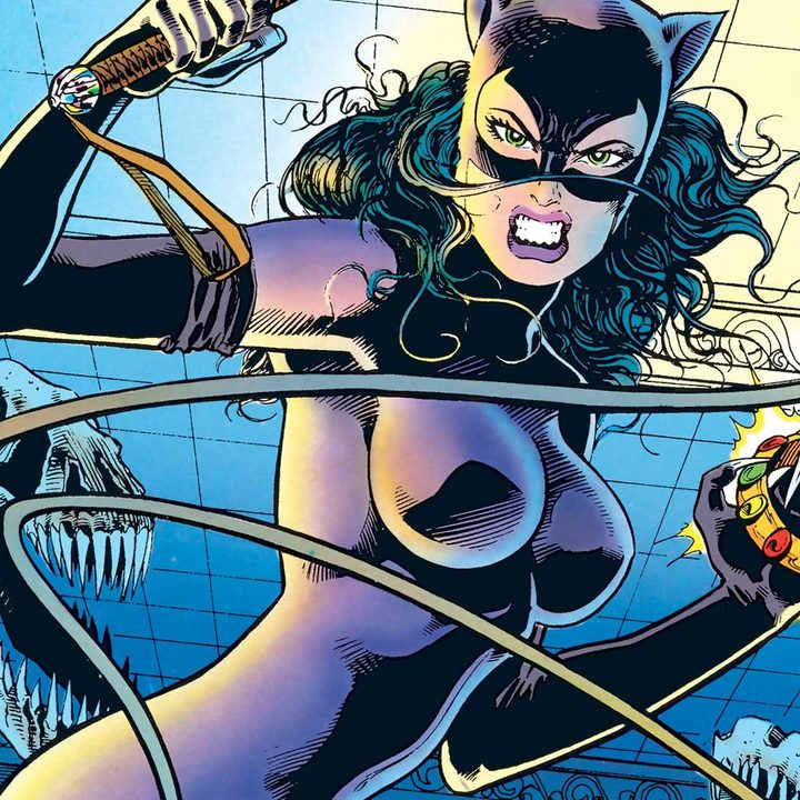 Catwoman raises her whip in a 1990s Catwoman comic book.