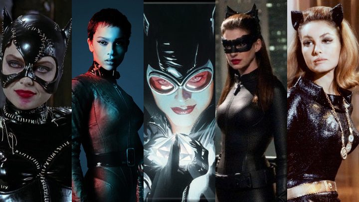 Split image of Michelle Pfeiffer, Zoe Kravitz, a comic illustration, Anne Hathaway, & Julie Newmar as Catwoman.