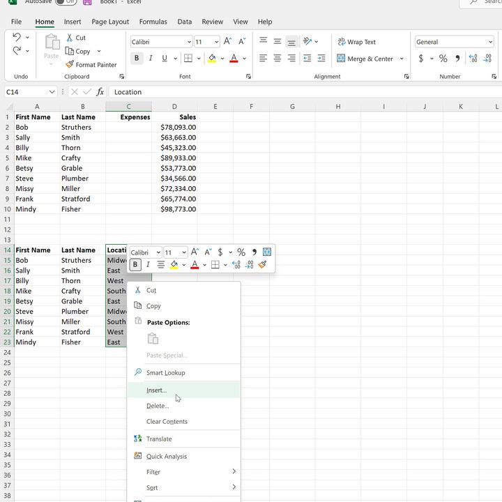 how to add column in excel choosing insert from menu partial
