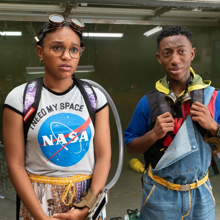 C.J. and Sebastian wear their time travel backpacks in See You Yesterday.