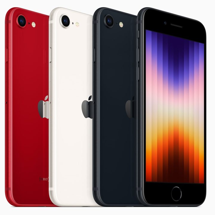 Color options for the third generation iPhone SE which include red, white, midnight blue, and black.