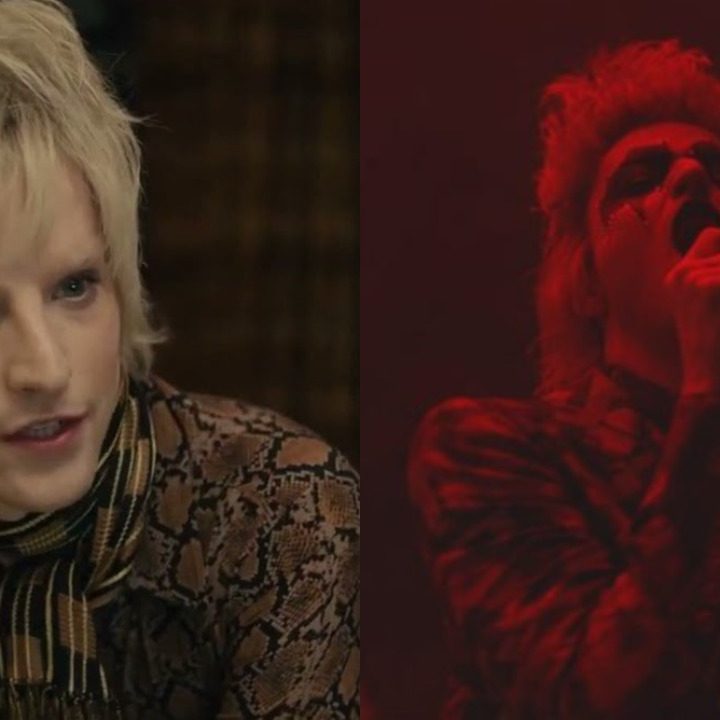 Split image of Artie talking and singing in Cruella.