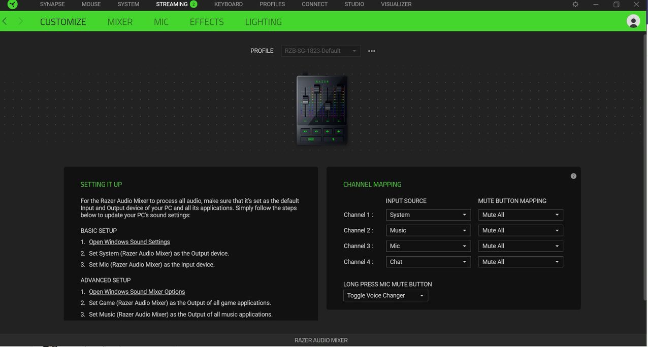 Razer Audio Mixer Synapse Customize tab.