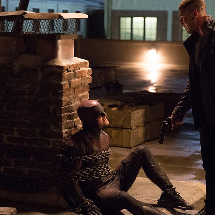 Released production still of Daredevil and Punisher in their rooftop scene