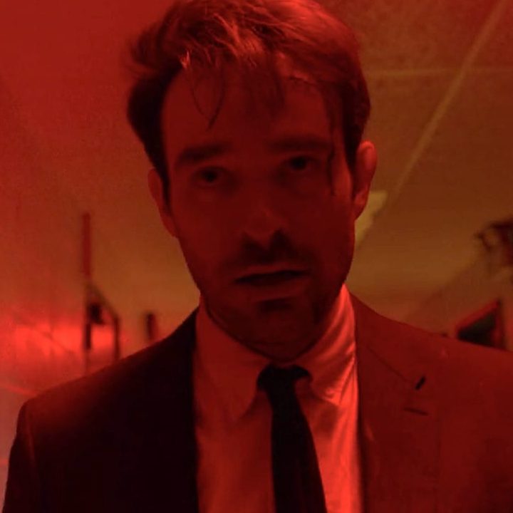 Matt Murdock under the neon red lights of the prison in season 3