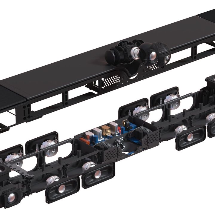 An exploded view of the Devialet Dione soundbar.