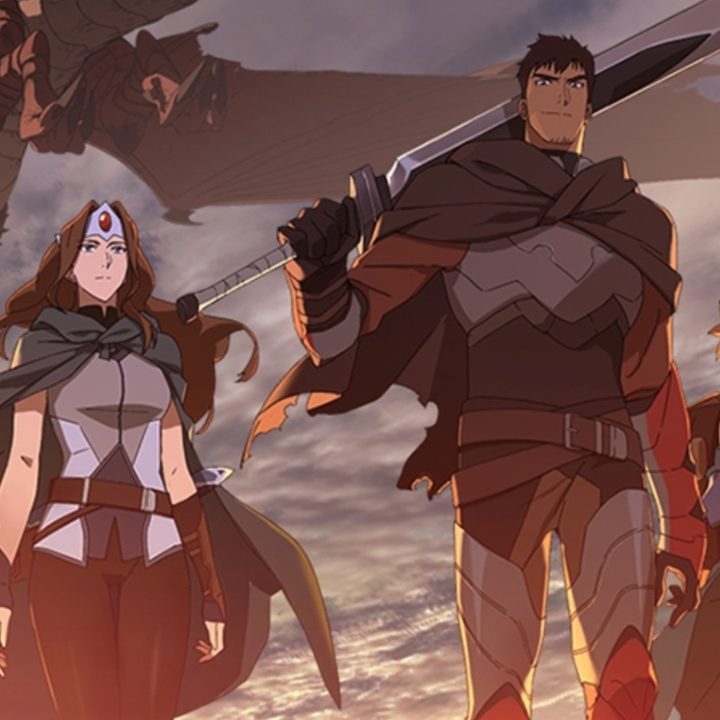The main trio of DOTA: Dragon's Blood, with the elder dragon flying overhead.