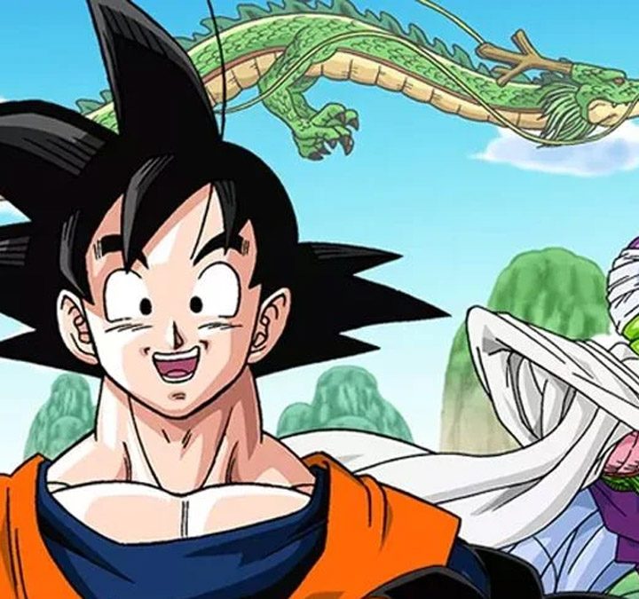 Goku and Piccolo in Dragon Ball, with a dragon flying in the background.