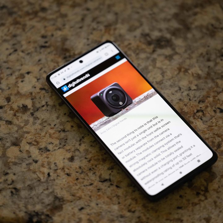 Viewing a web page on the Motorola Edge+ (2022) resting on a granite counter top.