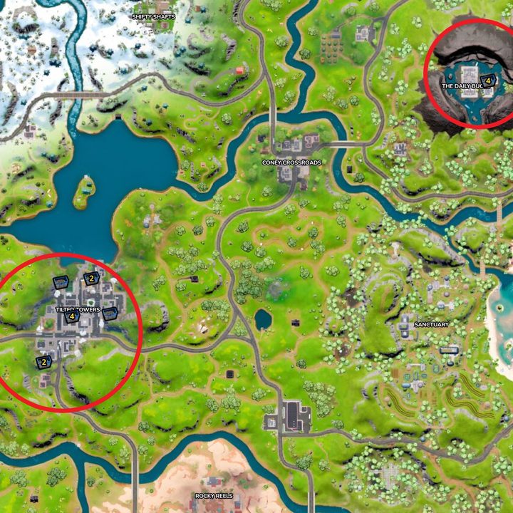 Map showing locations of dumpsters at Tilted Towers and The Daily Bugle in Fortnite.