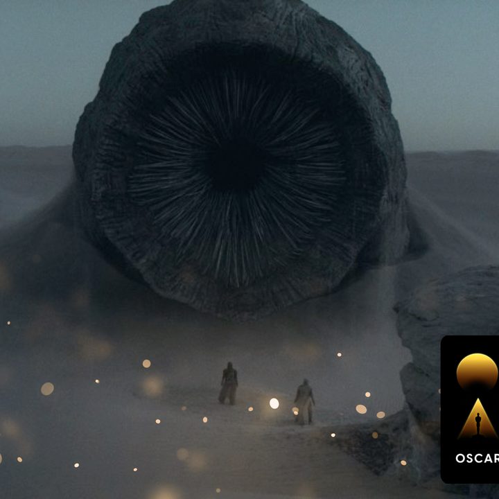 An "Oscars Week" badge overlaid on a still of Paul and a sandworm in 'Dune."