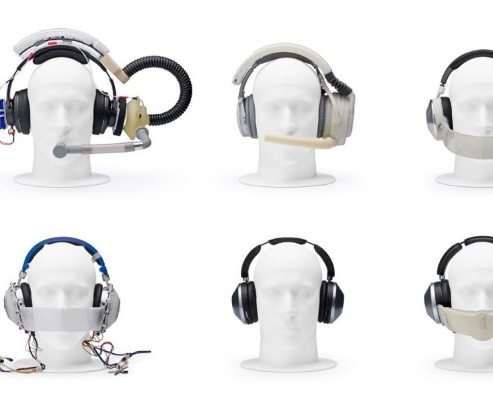 Six Dyson Zone prototypes on white mannequin heads against a white background.