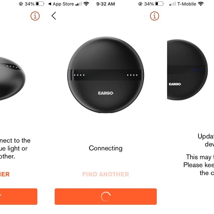 A screenshot showing how to connect the Eargo app to a charger.