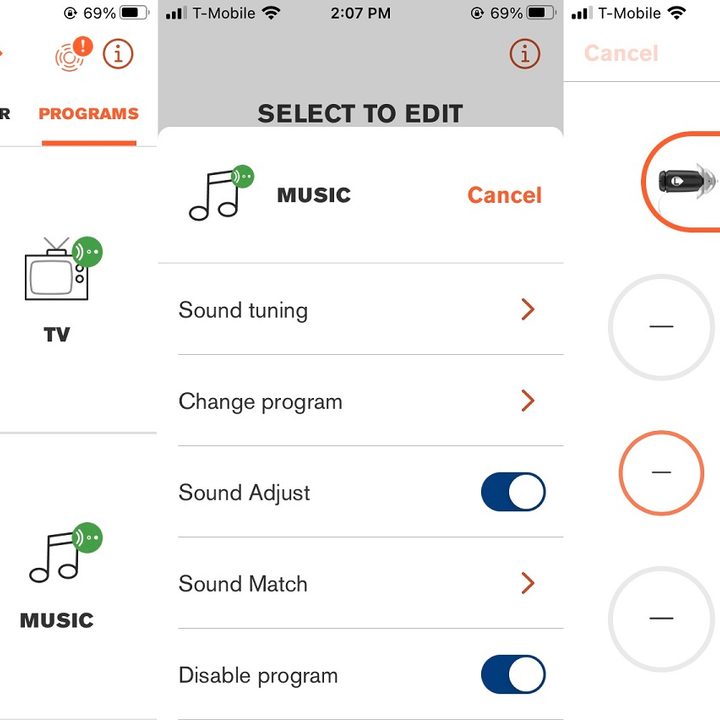 Eargo app programs and sound tuning options.