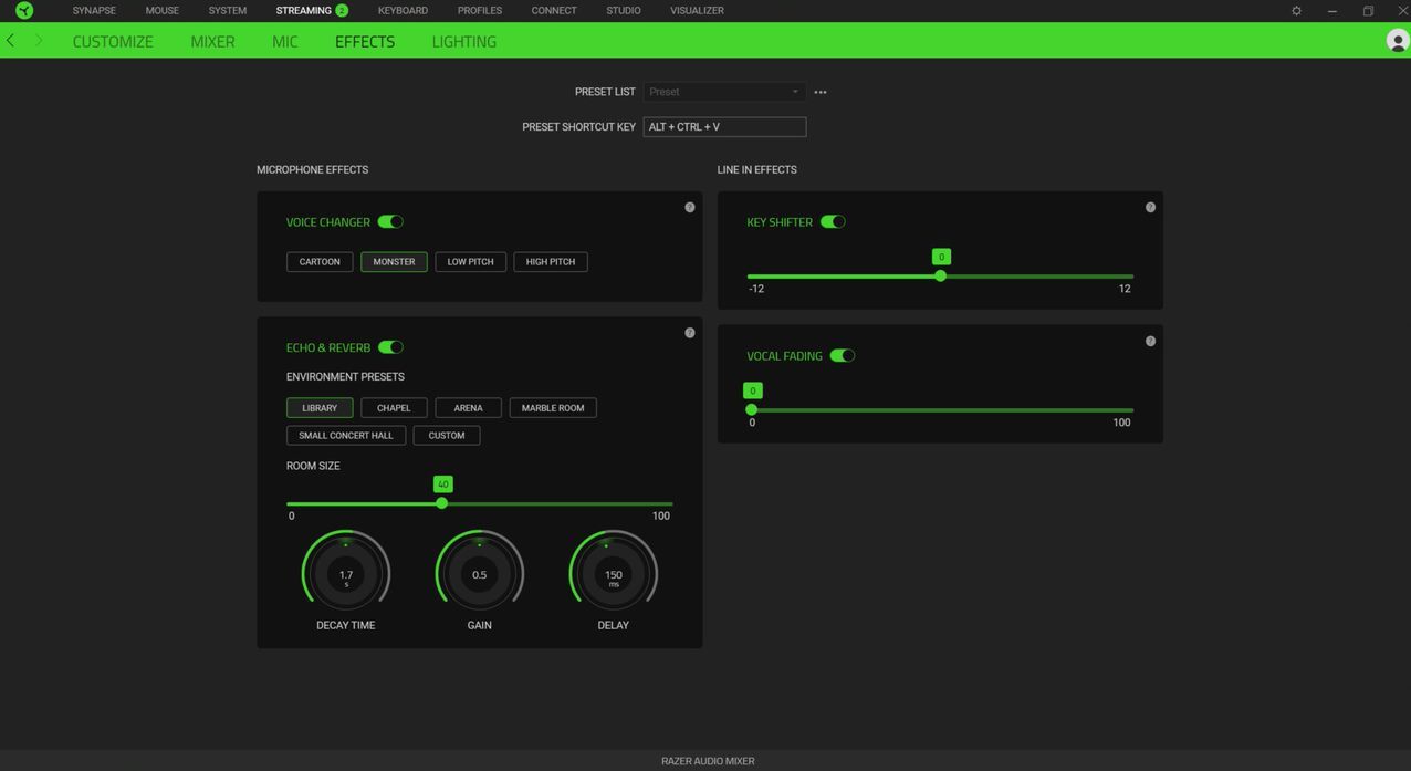 Razer Audio Mixer Synapse Effects tab.