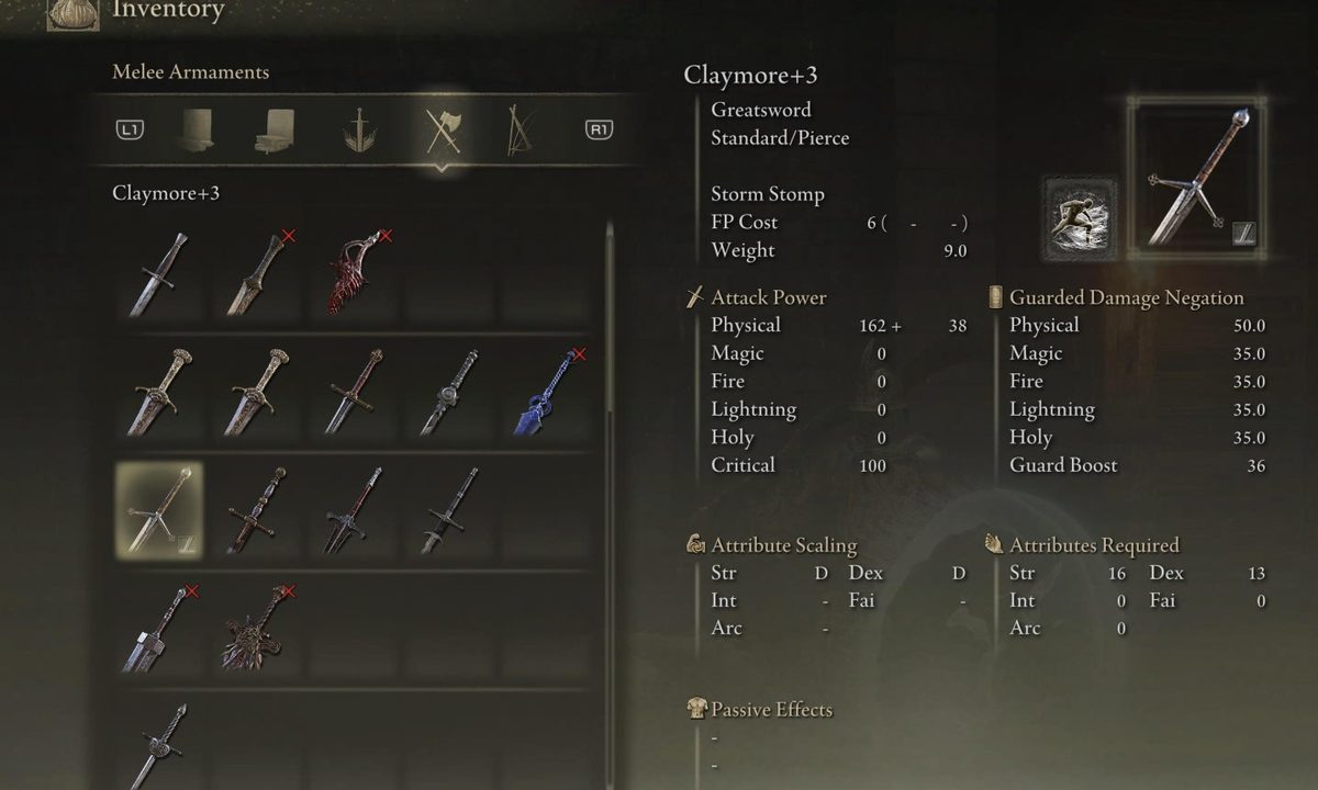 The Claymore and weapon stats from Elden Ring.