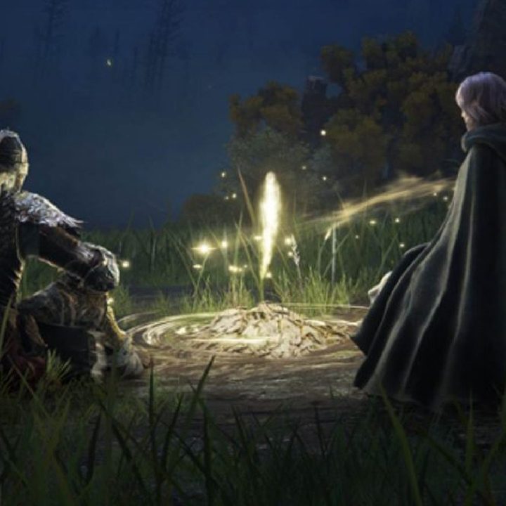 Elden Ring knight sitting with maiden at a site of grace.