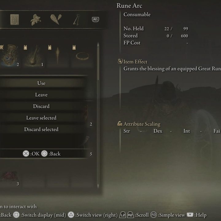 The item menu in Elden Ring displays the description for Rune Arcs.