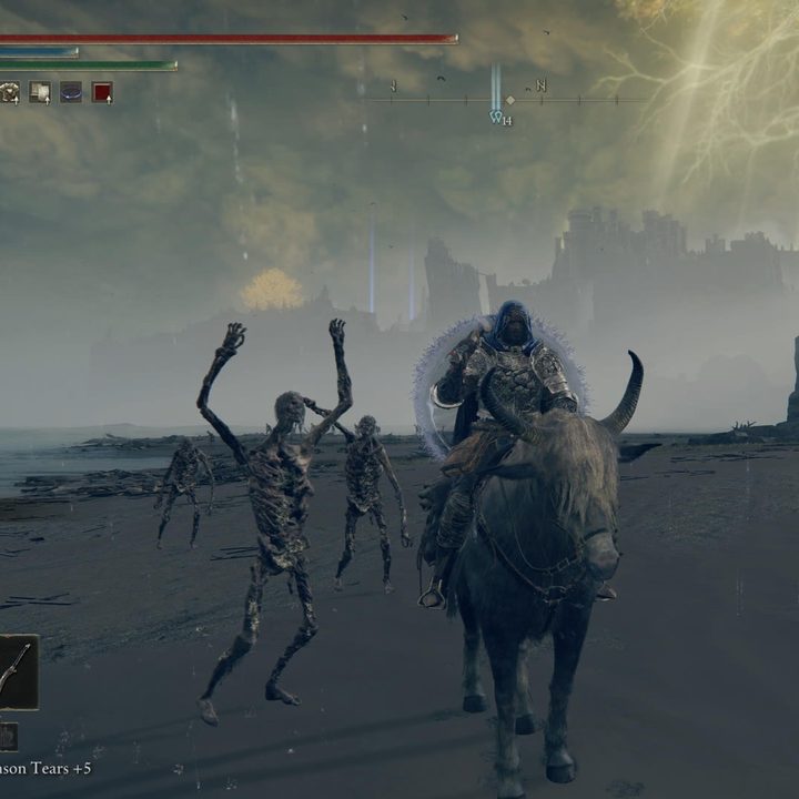 An Elden Ring player sits on their horse as undead creatures attack them.