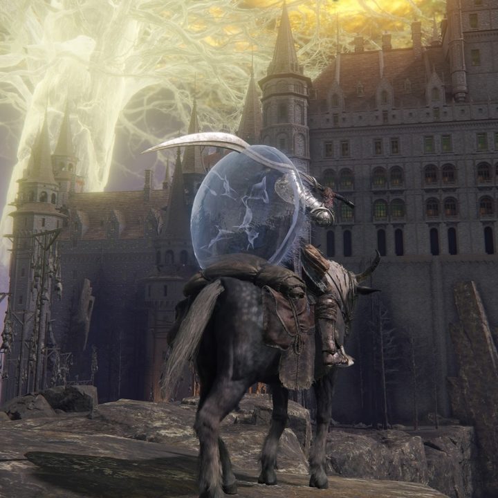 An Elden Ring player sits on their horse and looks out at a castle ahead.