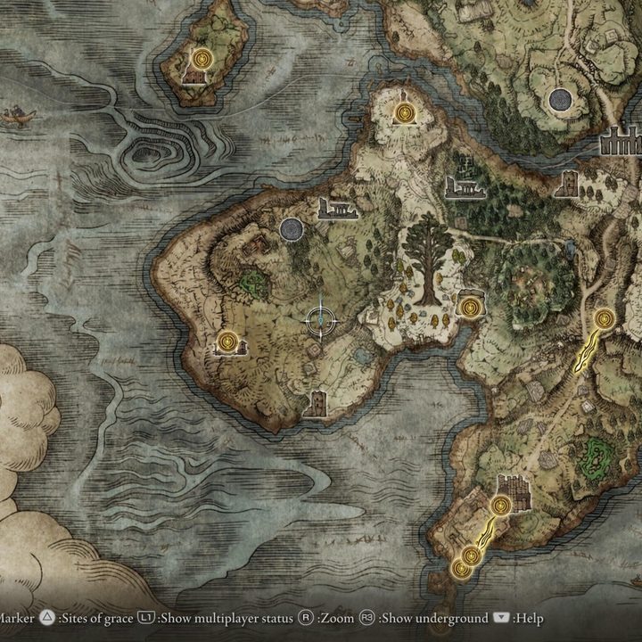 Elden Ring map location for the Walking Mausoleum on the Weeping Peninsula.