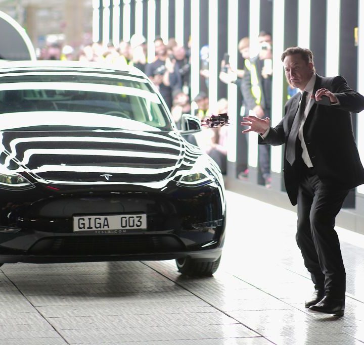 Tesla CEO Elon Musk dancing at the opening of the automaker's manufacturing plant near Berlin, Germany, on March 22, 2022.