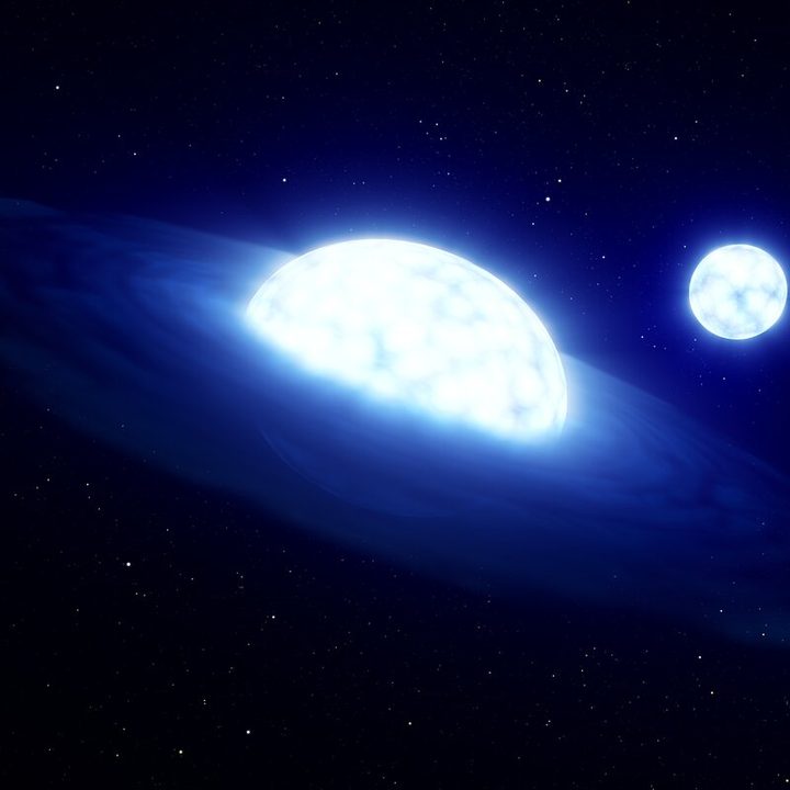 This artist’s of an oblate star with a disc around it and B-type star that has been stripped of its atmosphere (background).