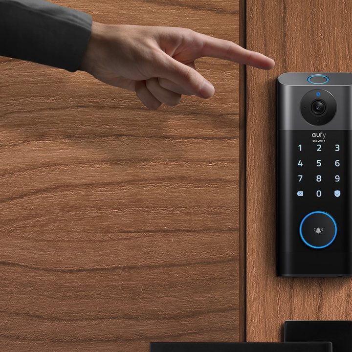 eufy by Anker Security Video Smart Lock on wood wall.
