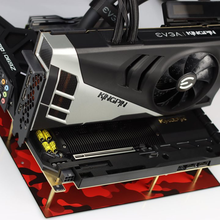 An EVGA Nvidia GeForce RTX 3090 Ti GPU inserted on a motherboard.
