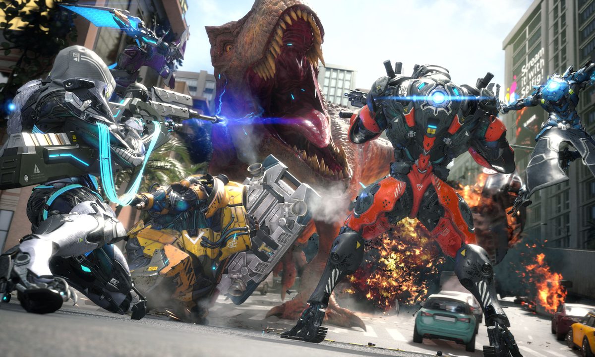A group of players fights a T-Rex in Exoprimal.