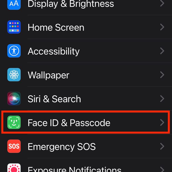 iPhone Settings for Face ID & Passcode.