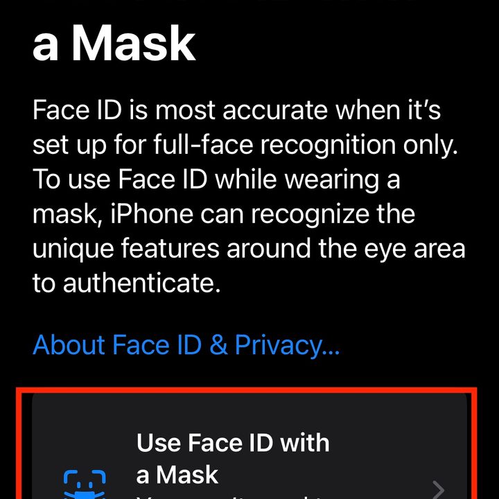 iPhone Settings for choosing Face ID with a Mask.