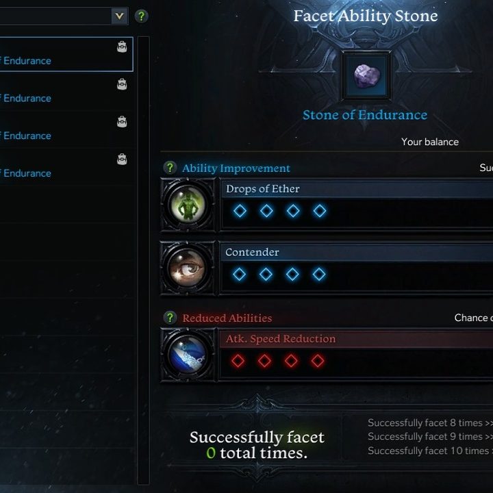 Faceting menu in Lost Ark.