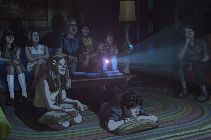 Stanley and his family sit together in their living room in Apollo 10 1/2: A Space Age Childhood.