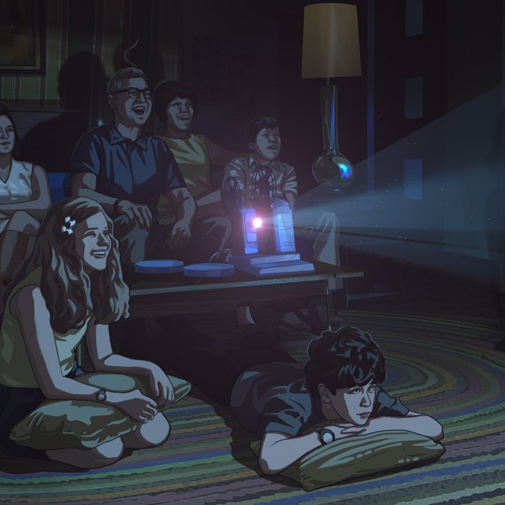 Stanley and his family sit together in their living room in Apollo 10½: A Space Age Childhood.