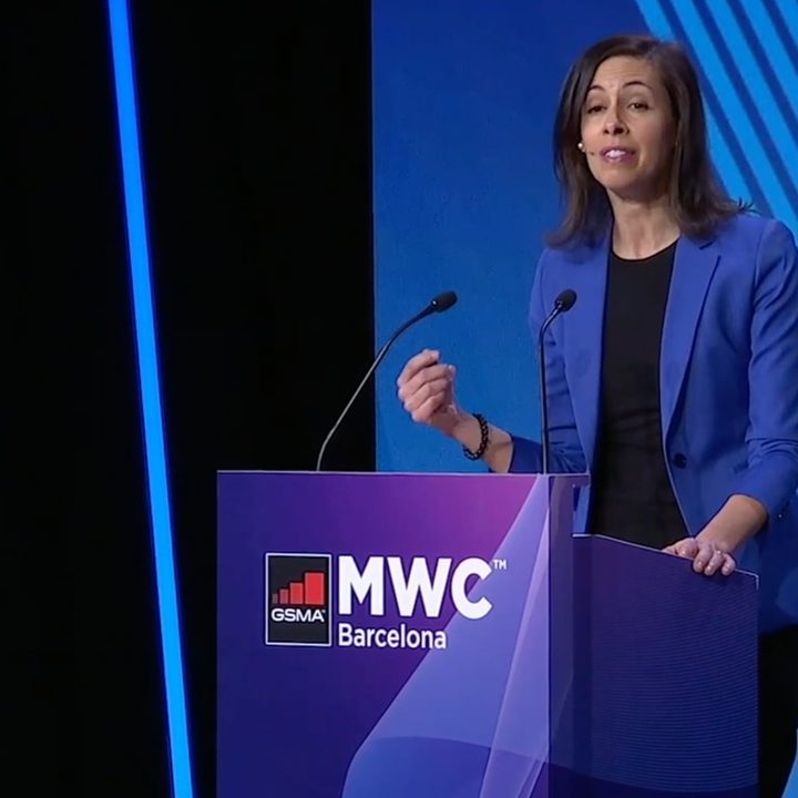 FCC Chairwoman Jessica Rosenworcel speaking at Mobile World Congress 2022 in Barcelona.