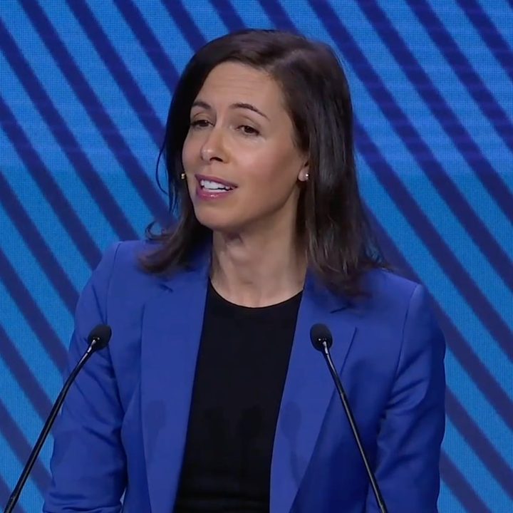 FCC Chairwoman Jessica Rosenworcel speaking at Mobile World Congress 2022 in Barcelona.