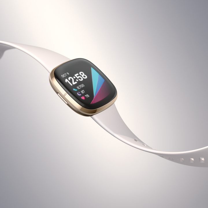 The Fitbit Sense in a marketing render where it floats in the air.
