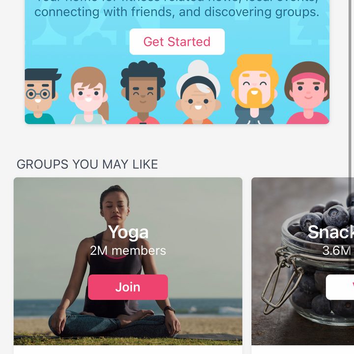 The Fitbit social feed suggests groups to join.