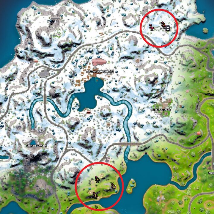 Map showing flamingo locations in Fortnite.