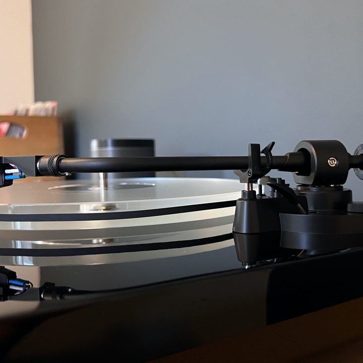 The Fluance RT85N's balanced tonearm during setup.
