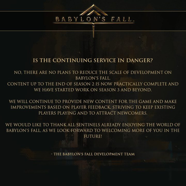 This image from the Babylon's Fall Twitter account shows its full statement on Babylon's Fall.