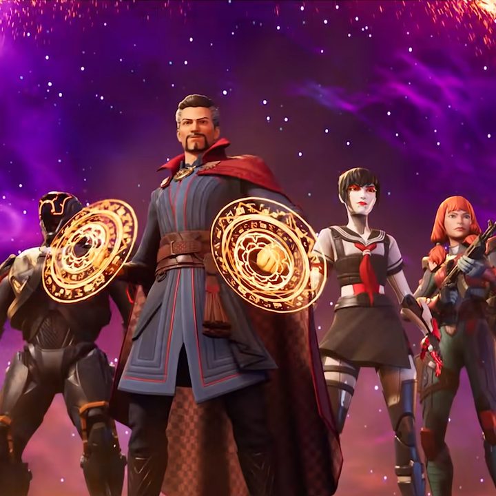 Characters from the Fortnite chapter 3, season 2 battle pass, with Doctor Strange at the front..