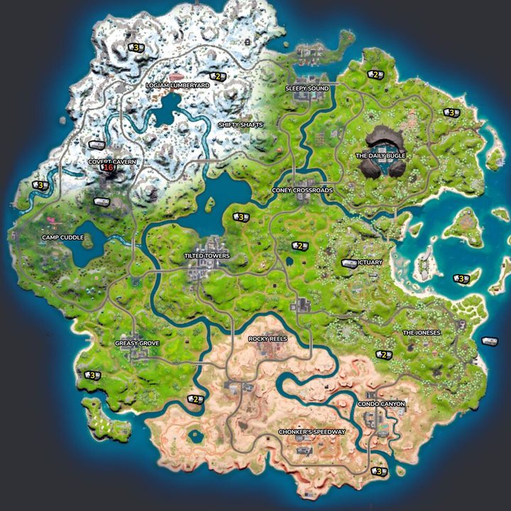 Map showing the location of Seven and IO chests in Fortnite.
