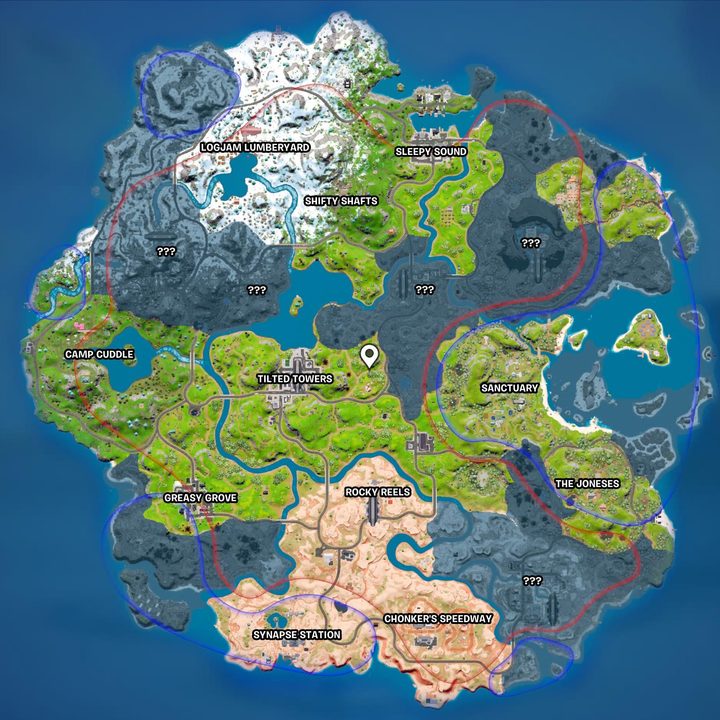 An overhead view of the map of the island from Fortnite season 2.